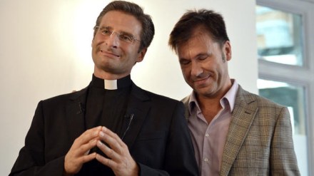Father Krysztof Olaf Charamsa (L), who works for a Vatican office, gives a press conference with his partner Edouard to reveal his homosexuality on October 3, 2015 in Rome. The priest said he wanted to challenge what he termed the Church's "paranoia" with regard to sexual minorities, claiming the Catholic clergy was largely made up of intensely homophobic homosexuals. The Vatican condemned the coming out of a Polish priest on the eve of a major synod as a "very serious and irresponsible," act which meant he would be stripped of his responsibilities in the Church's hierarchy. In a statement, a spokesman said Krzystof Charamsa would not be able to continue in his senior position in the Vatican and that his future as a priest would be decided by his local bishop.  (Tiziana Fabi / Getty Images)