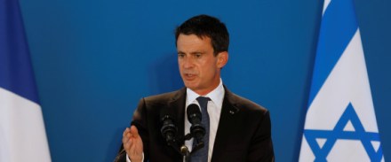 Valls delivers a speech during the inauguration of the Zmorot solar plant built and operated by France's EDF Energies Nouvelles near Ashkelon