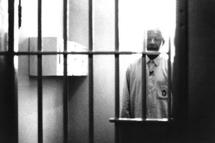 Nelson Mandela visiting his former prison cell at Robben Island