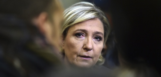 France's Front National (FN) far-right party's President and presidential candidate for the 2017 election Marine Le Pen speaks to a journalist at the Fermap manufacturing factory in Forbach, eastern France, on January 18, 2017.  / AFP PHOTO / PATRICK HERTZOG